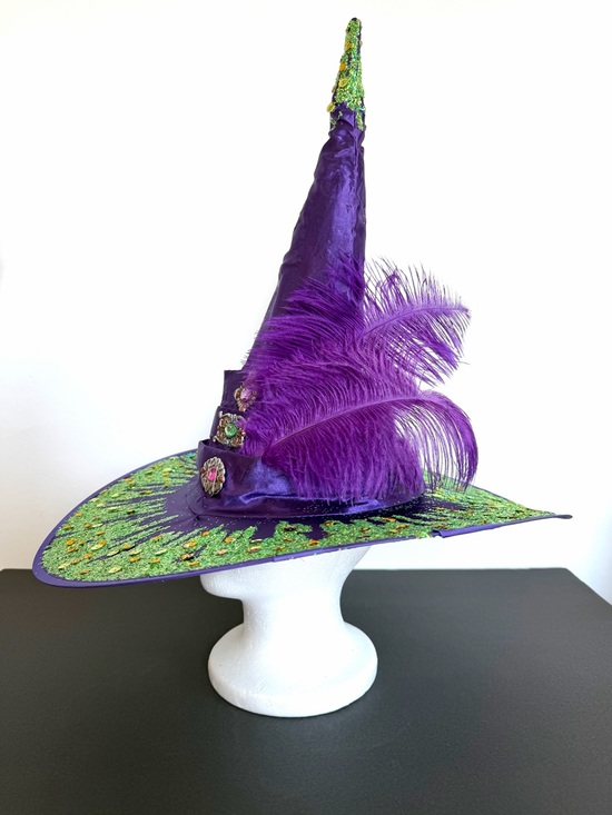 Maiden Vain Other - Purple Witch Hat satin ostrich feathers  Green sparkle Trim brim one size adult